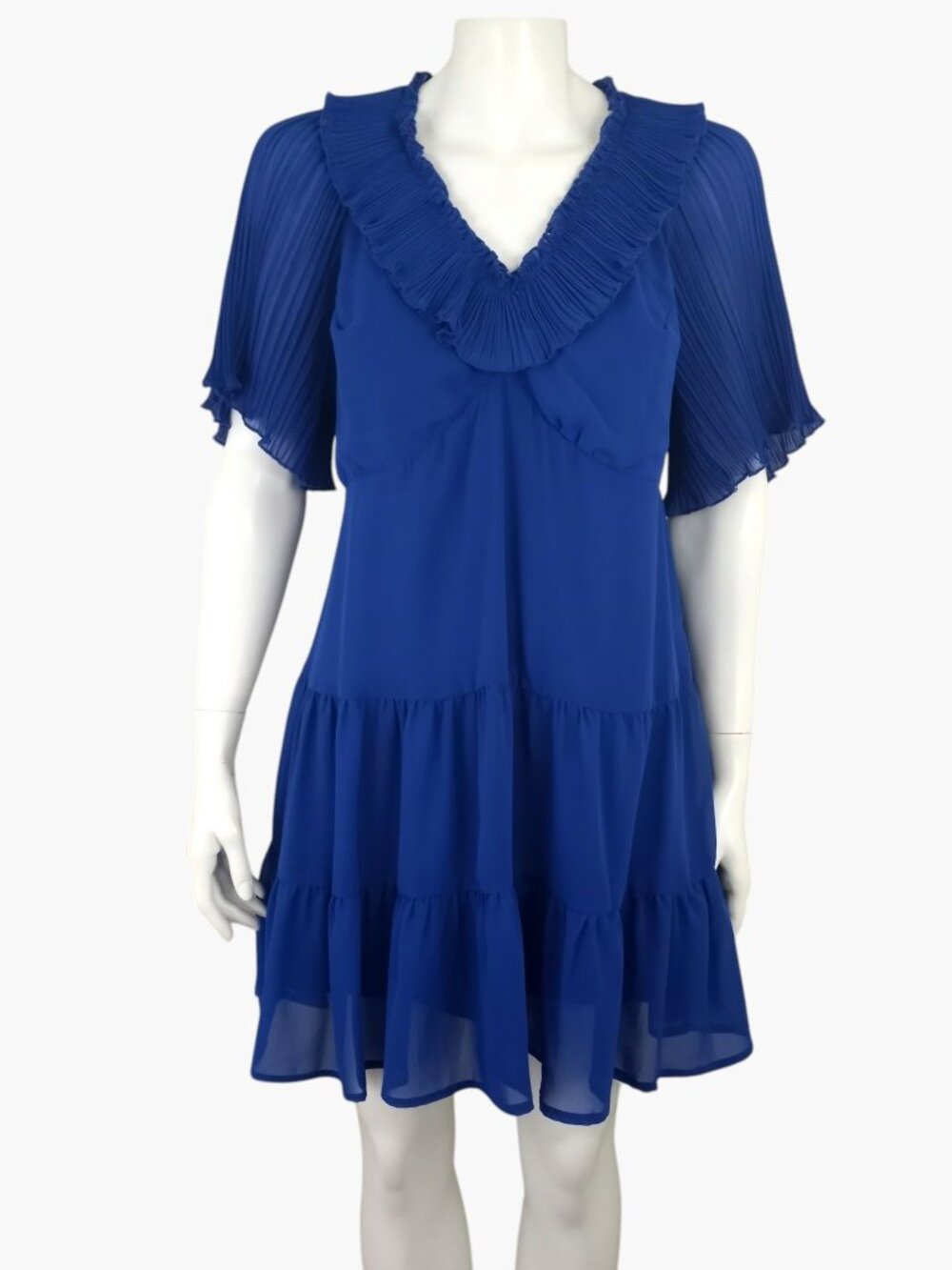 Umgee Cobalt Blue Textured Ruffle Collar Tiered Mini Dress Womens M